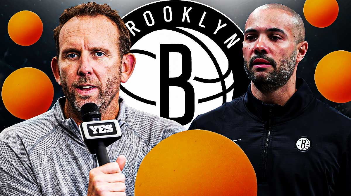 Sean Marks and Jordi Fernandez with a Nets logo in the middle and ping pong balls around them