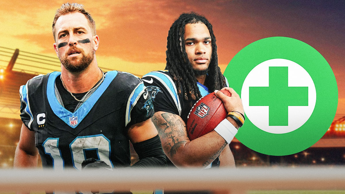 Adam Thielen and Jonathan Brooks in Carolina Panthers uniforms with a red and white first aid symbol as Thielen and Brooks are out with injuries.