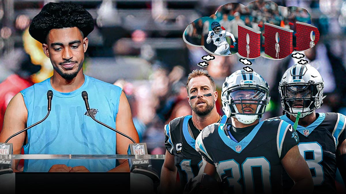 Carolina Panthers QB Bryce Young at the podium speaking to RB Chuba Hubbard, WR Adam Thielen, and CB Jaycee Horn. Above Hubbard, Thielen, and Horn, there's a thought bubble of someone running through a brick wall.