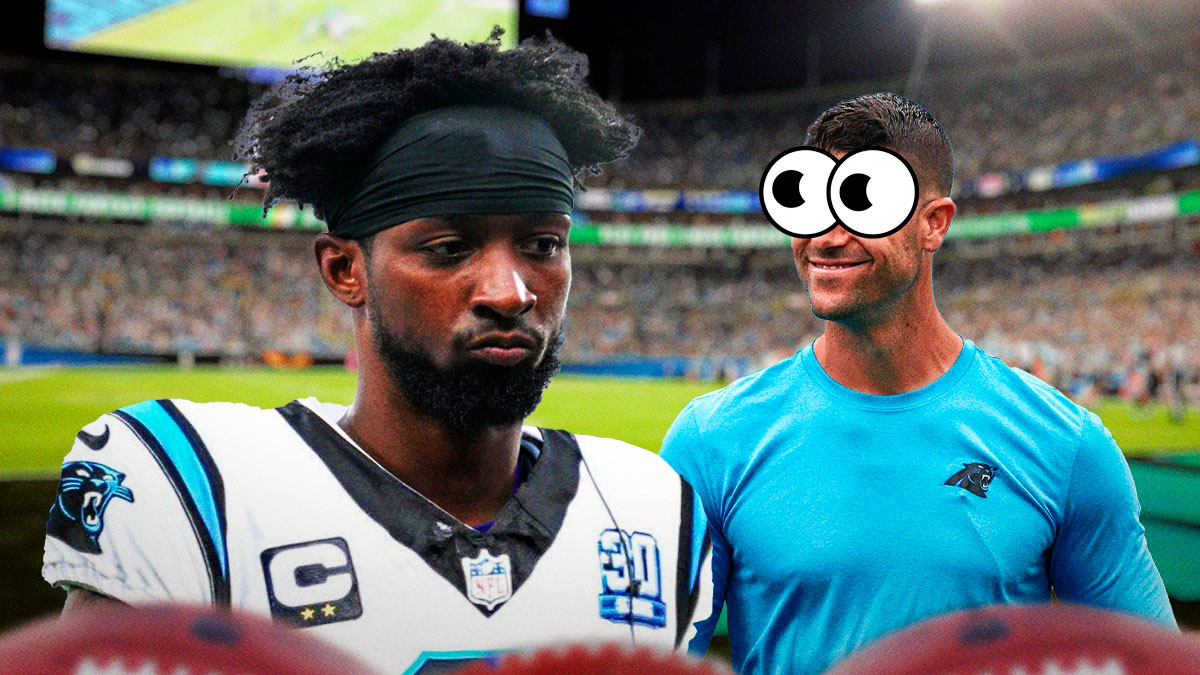 Akayleb Evans in a Carolina Panthers uniform and Panthers coach Dave Canales looking at him with big, cartoon eyes as the Panthers added Evans on Monday to aid the defense.