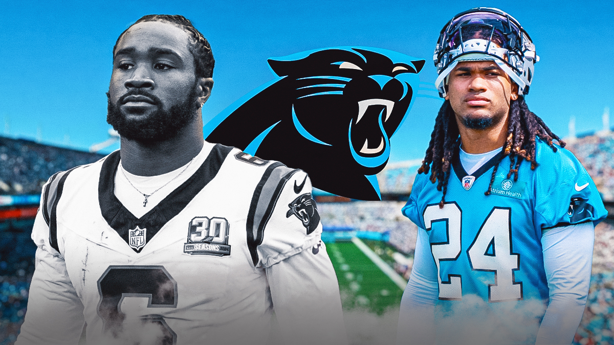 Panthers' Miles Sanders in black & white next to Jonathon Brooks in color with a Panthers logo in between them
