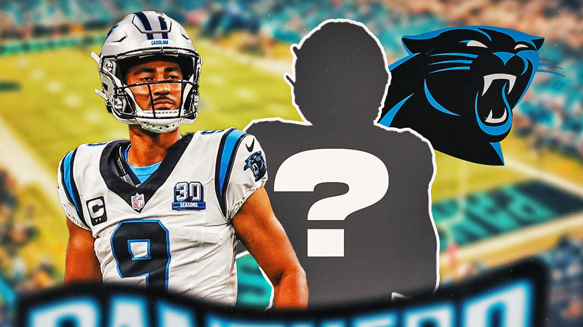 Carolina Panthers QB Bryce Young next to a silhouette of an American football player with a big question mark emoji inside. There is also a logo for the Carolina Panthers.