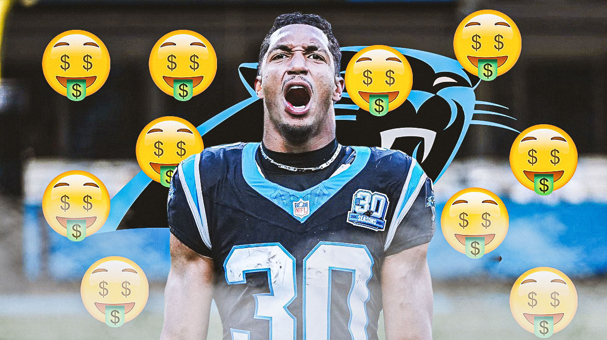 Carolina Panthers running back Chuba Hubbard surrounded by dollar sign emojis. There is also a logo for the Carolina Panthers.