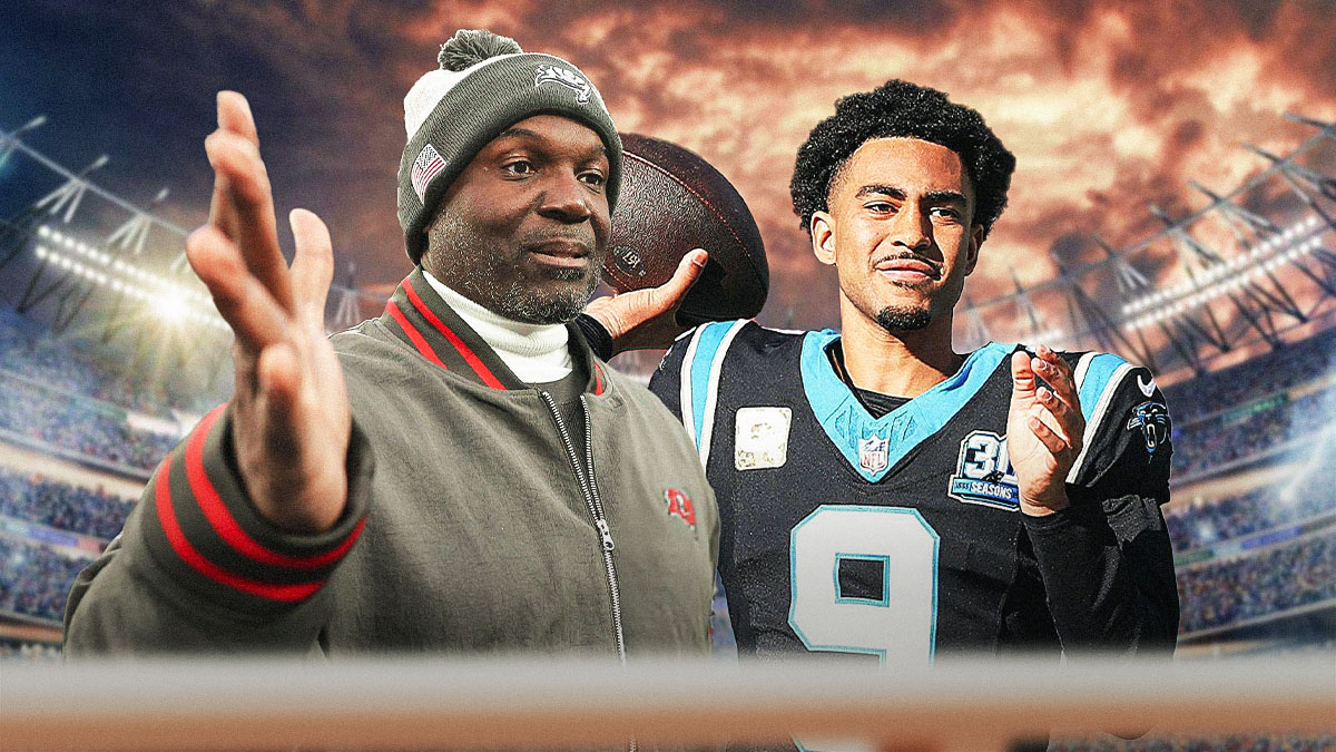 Todd Bowles in Tampa Bay Buccaneers coaching uniform smiling, Bryce Young in Carolina Panthers jersey with football