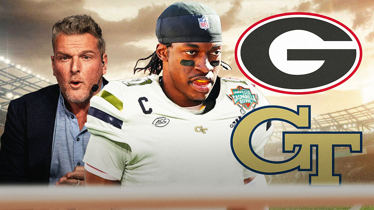 Pat McAfee and Roger Griffin III looking hyped Georgia Football and Georgia Tech Football logo in the background.