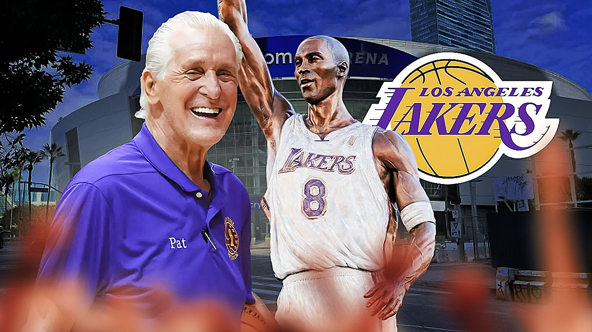 Pat Riley next to Kobe Bryant's statue with the Lakers logo & the Crypto.com Arena in the background