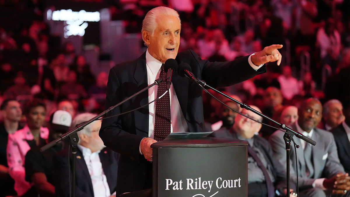 Heat president Pat Riley addresses the crowd during the Pat Riley Court dedication ceremony at halftime at Kaseya Center