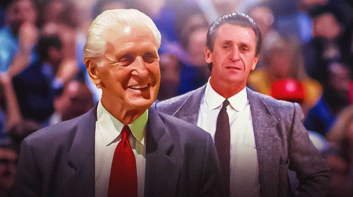 Miami Heat executive Pat Riley now next to himself when he was the Lakers head coach in front of Kaseya Center.