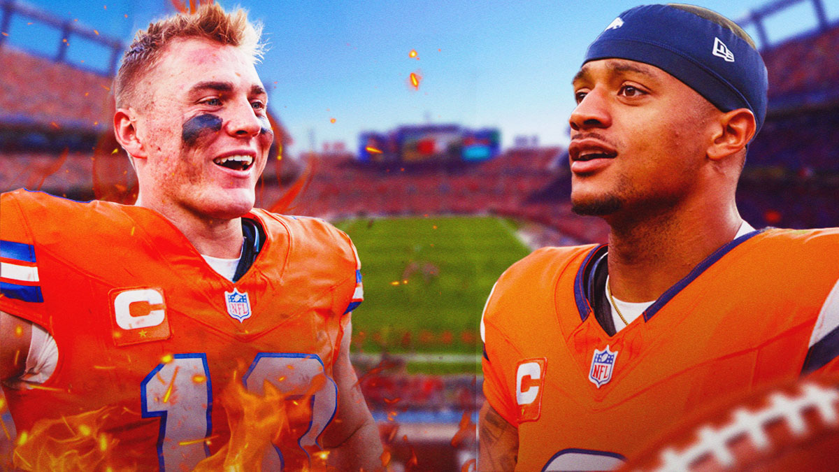 Broncos Pat Surtain II looking at Bo Nix on fire