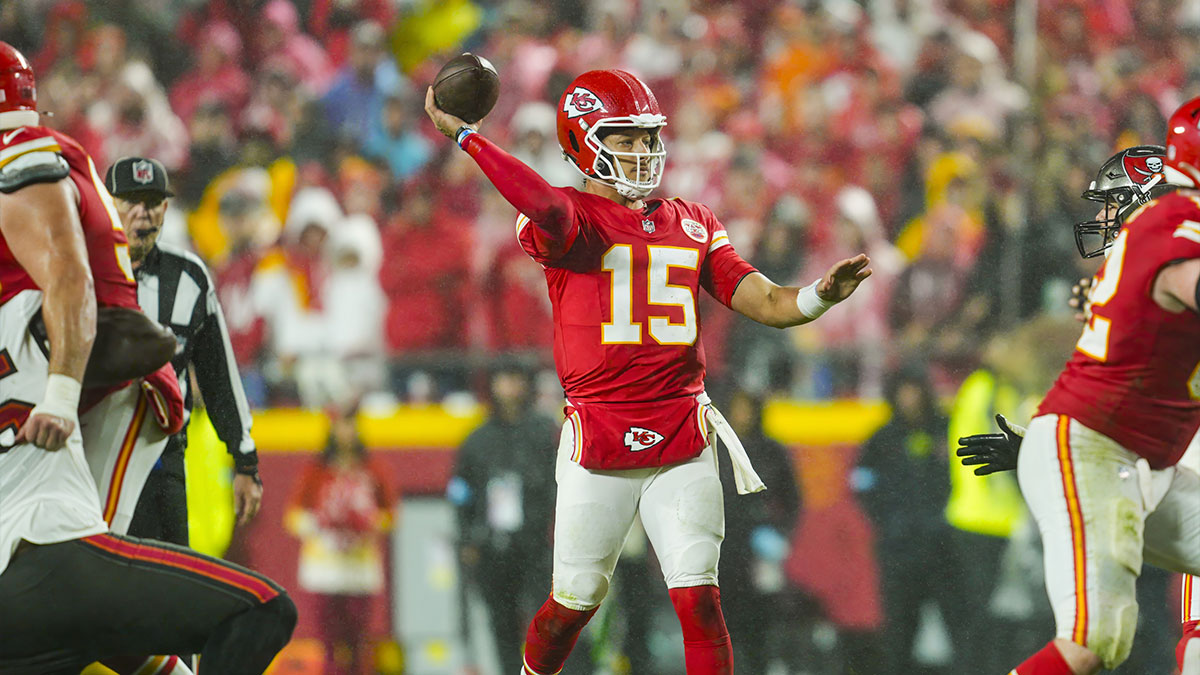 Kansas City Chiefs quarterback Patrick Mahomes (15) throws a pass during the second half against the Tampa Bay Buccaneers at GEHA Field at Arrowhead Stadium.