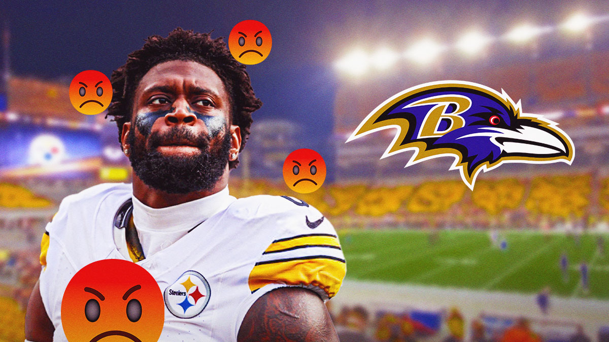 Steelers linebacker Patrick Queen with a Pittsburgh jersey on with the angry emojis around him, looking at the Baltimore Ravens logo.