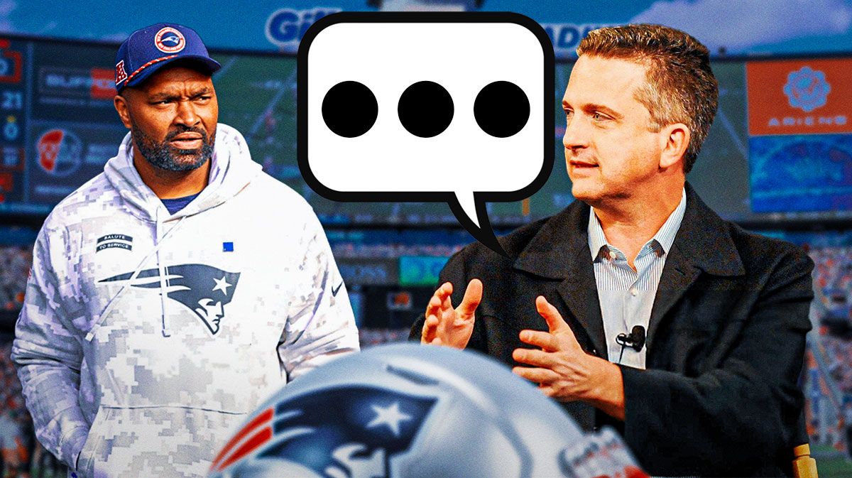 American sportswriter Bill Simmons with a speech bubble that has the three dots emoji inside. He is next to New England Patriots coach Jerod Mayo. There is also a logo for the New England Patriots.