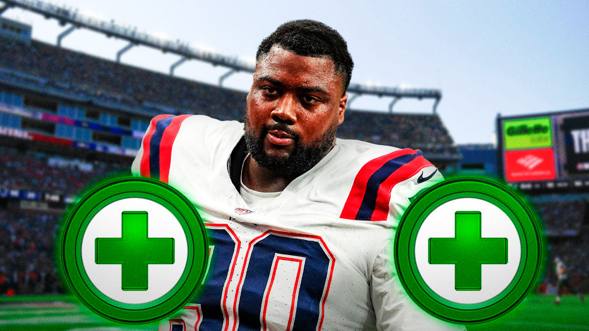 New England Patriots defender Christian Barmore with a green injury symbol. There is also a logo for the New England Patriots.