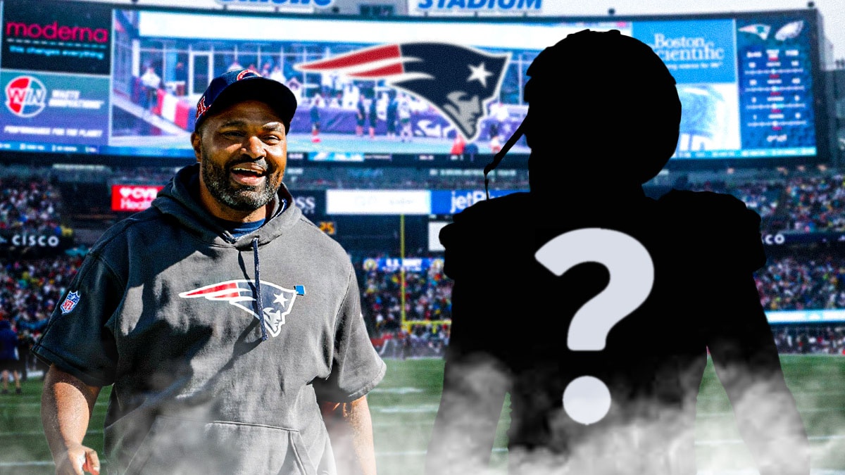 Silhouette of linebacker Titus Leo with question mark emoji next to him. Have this next to an image of Patriots coach Jerod Mayo looking hyped. Patriots logo