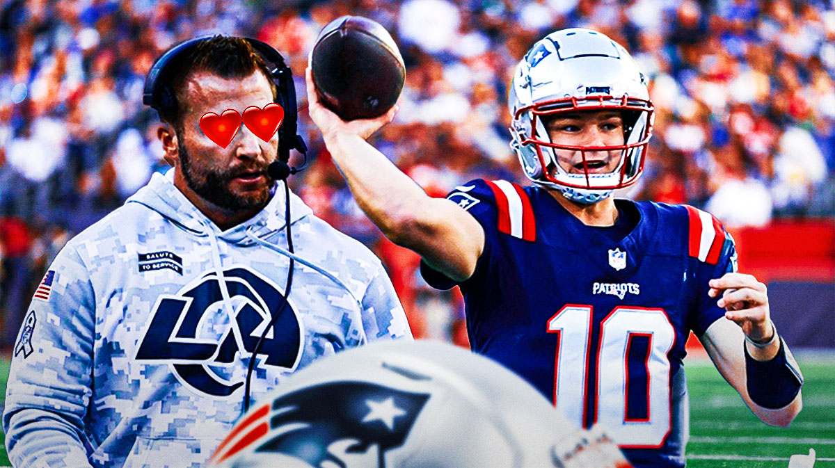 Sean McVay with hearts on his eyes while looking at Drake Maye throwing a football