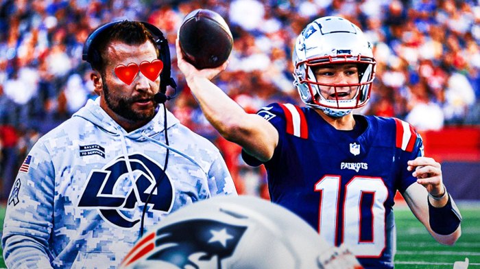 Sean McVay with hearts on his eyes while looking at Drake Maye throwing a football
