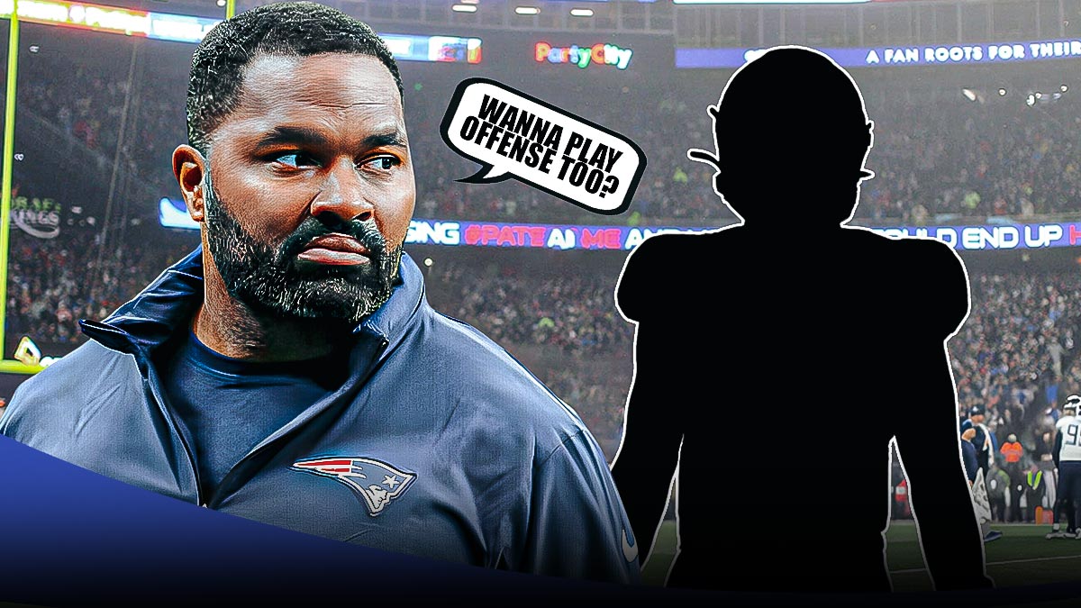Patriots' Jerod Mayo with talk bubble WANNA PLAY OFFENSE TOO? next to blacked out NFL player silhouette