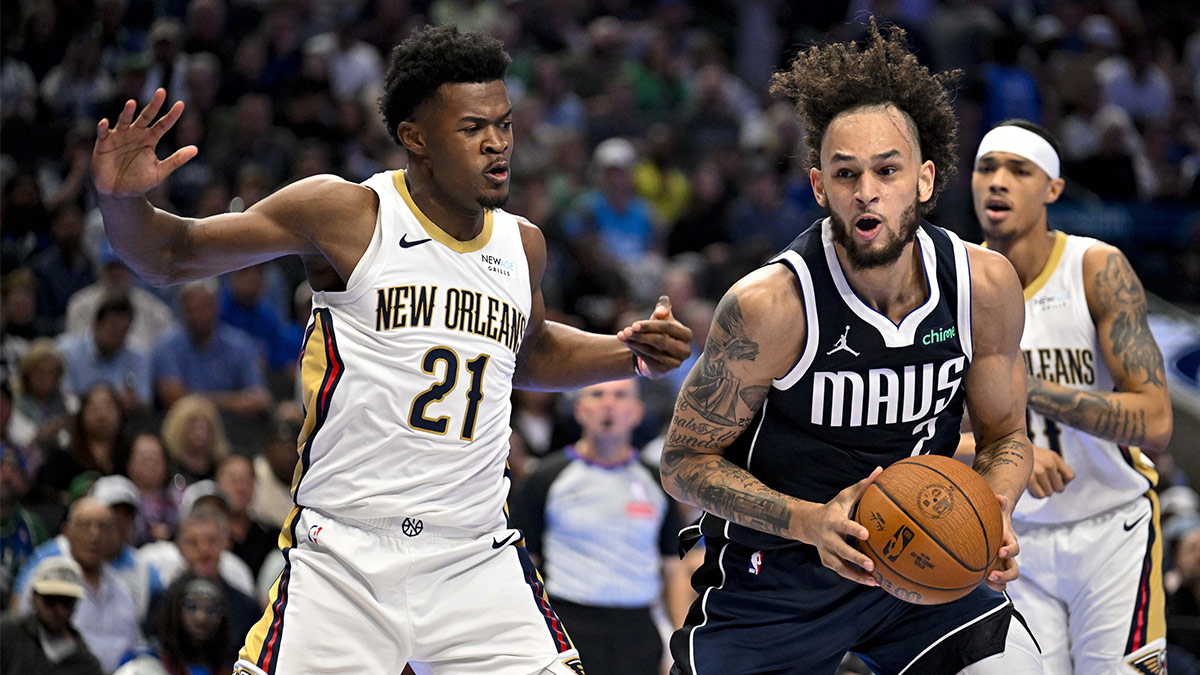 Dallas Mavericks center Dereck Lively II (2) looks to move to the basket past New Orleans Pelicans center Yves Missi (21) during the second half at the American Airlines Center.