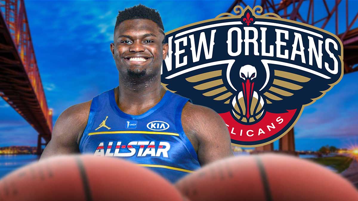 Pelicans All-Star Zion Williamson next to the Pelicans logo with the New Orleans skyline in the background