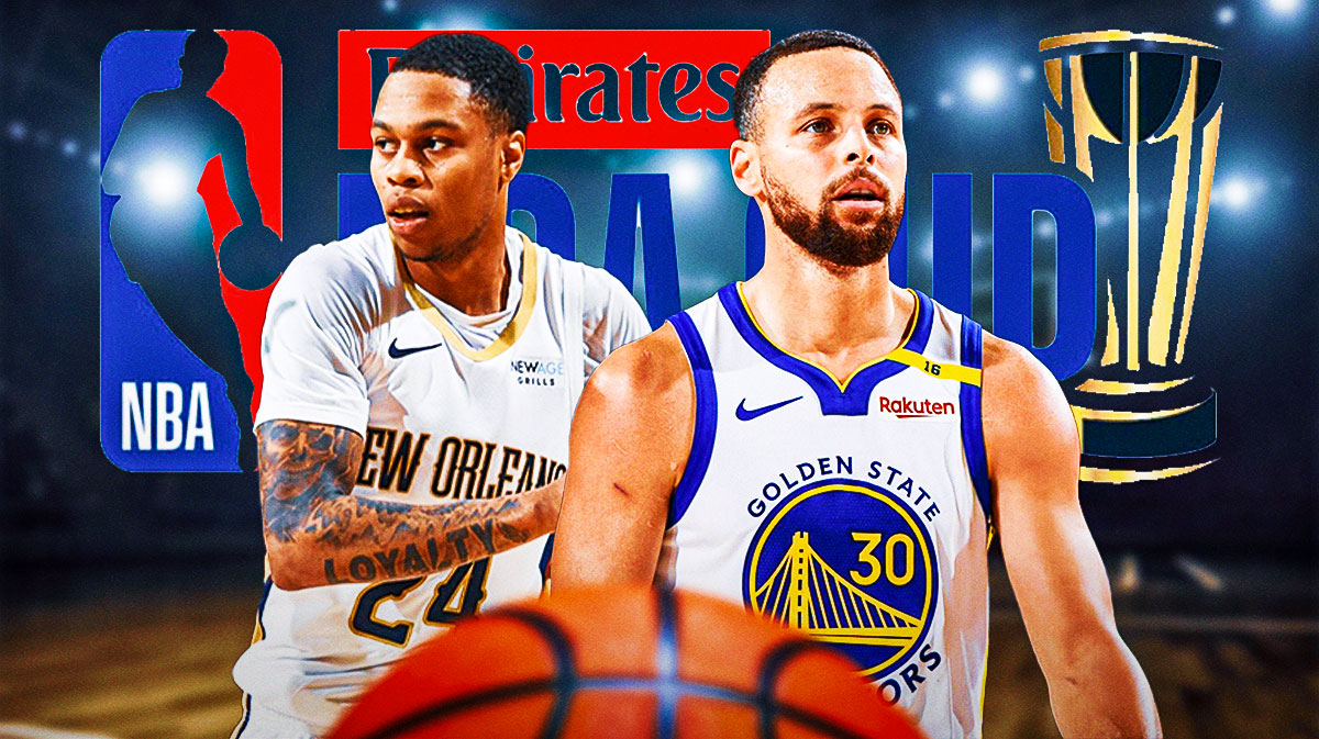 Stephen Curry, Jordan Hawkins, Brandon Ingram, NBA CUP logo