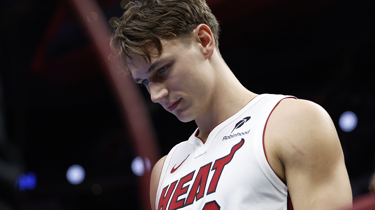 Miami Heat guard Pelle Larsson (9) walks off the court after the game against the Detroit Pistons at Little Caesars Arena.