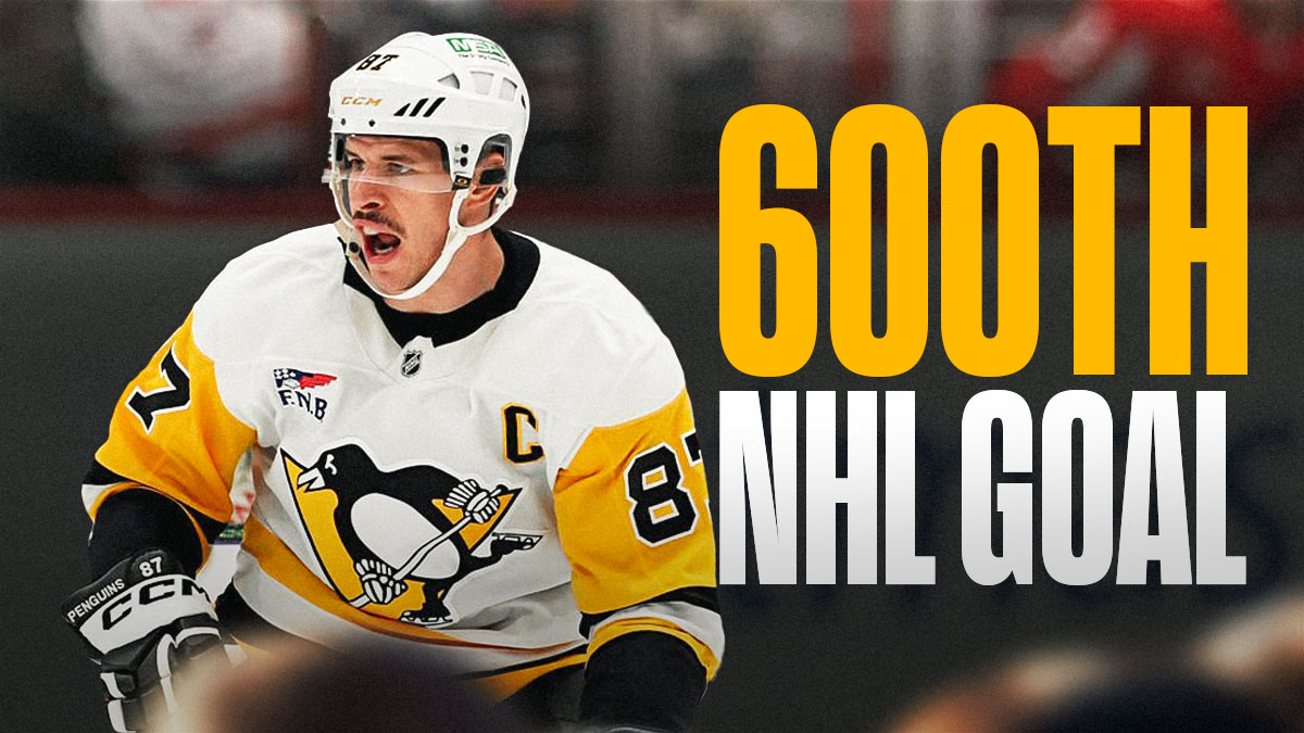 Sidney Crosby celebrating a goal, with a "600th NHL Goal" sign next to him