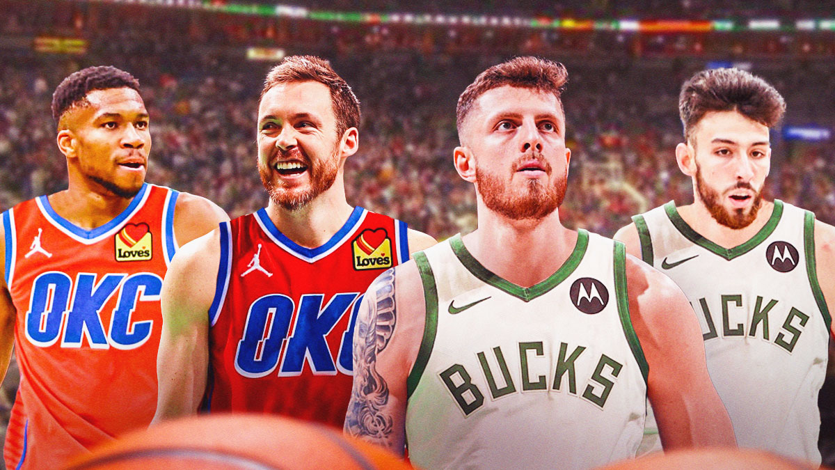 Photo: Giannis Antetokounmpo, Pat Connaughton in Thunder jerseys, Chet Holmgren, Isaiah Hartenstein in Bucks jerseys