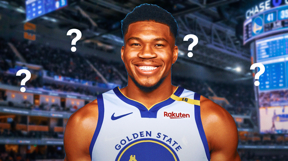 Bucks Giannis Antetokounmpo in a Warriors jersey with question marks all around.