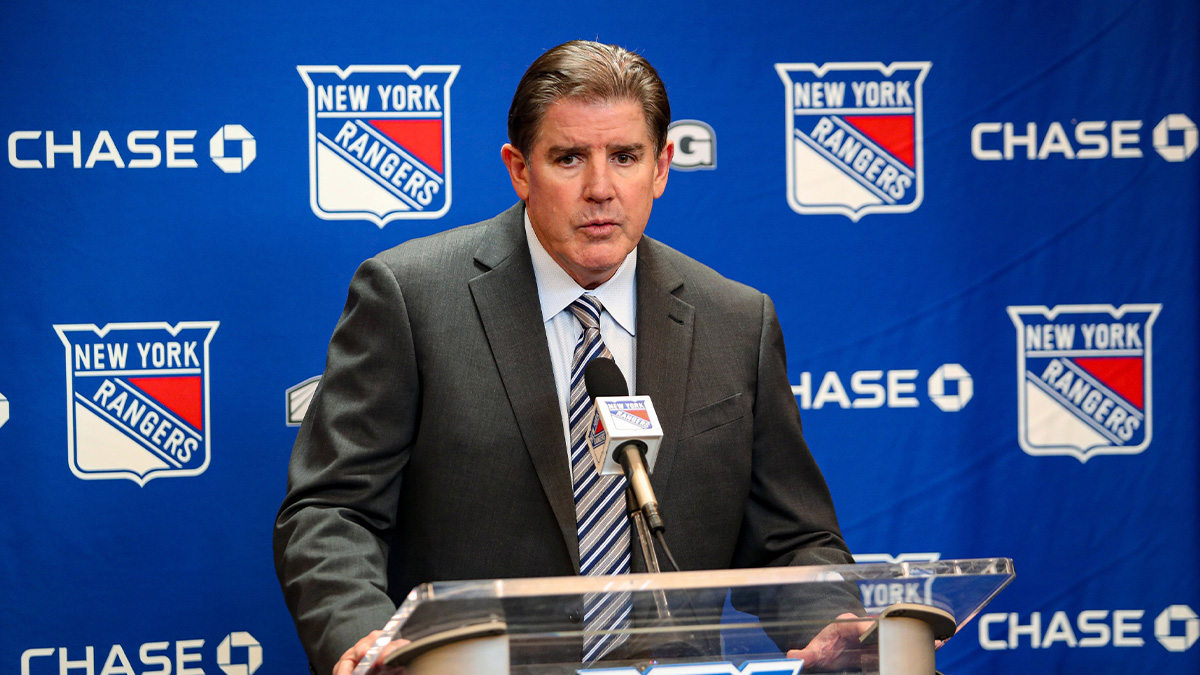 New York Rangers head coach Peter Laviolette speaks to reporters after a 5-2 loss to the St. Louis Blues at Madison Square Garden.