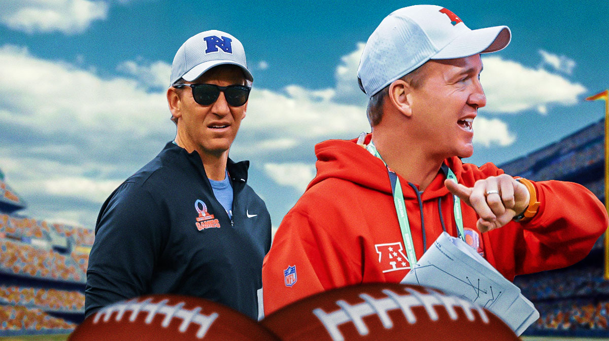 Peyton Manning in red Pro Bowl sweatshirt and Eli Manning in blue Pro Bowl sweatshirt