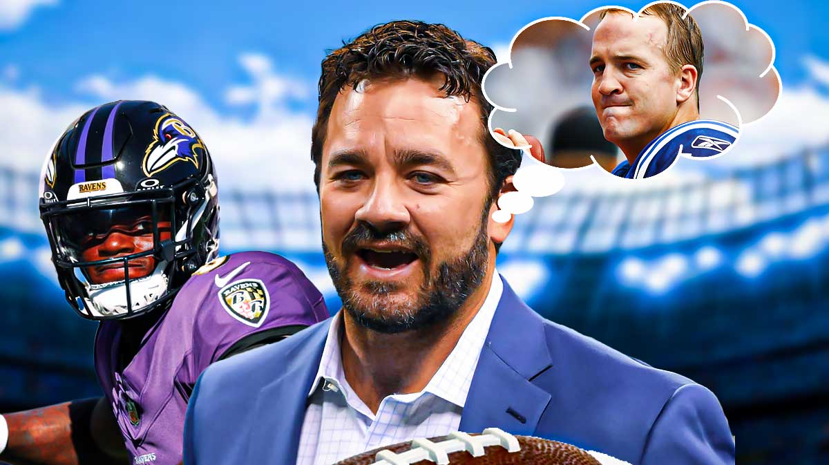 Jeff Saturday in a suit with a thought bubble that has Peyton Manning in a Colts jersey in it, while Lamar Jackson is next to him