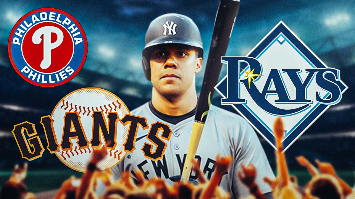 Juan Soto (in Yankees uniform) with Phillies, Giants, and Rays logos behind him.