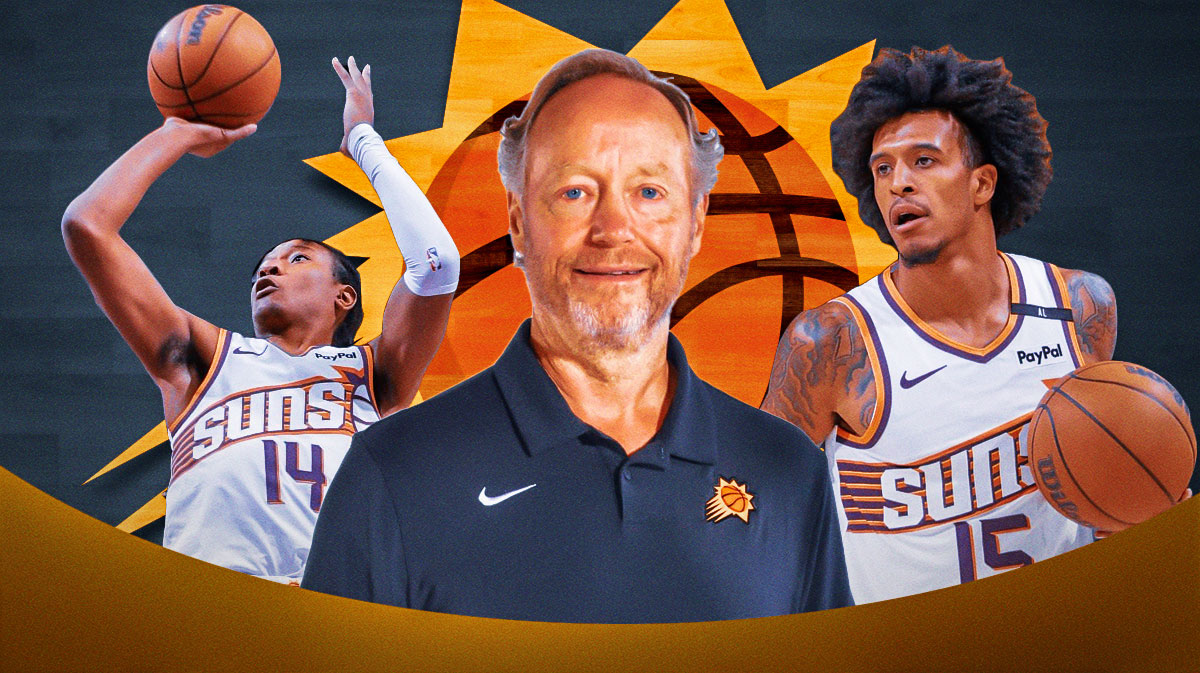 Phoenix Suns head coach Mike Budenholzer with a smile on his face, with Suns players TyTy Washington and Jalen Bridges shooting a basketball. There's also a Suns logo torn away at the bottom of the graphic.
