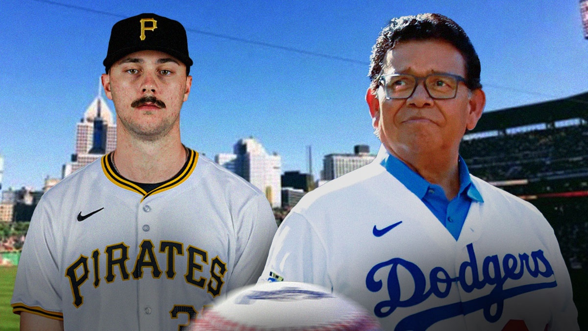 Side-by-side of Paul Skenes (Pirates) and Fernando Valenzuela (Dodgers) pitching. PNC Park (Pittsburgh) background.