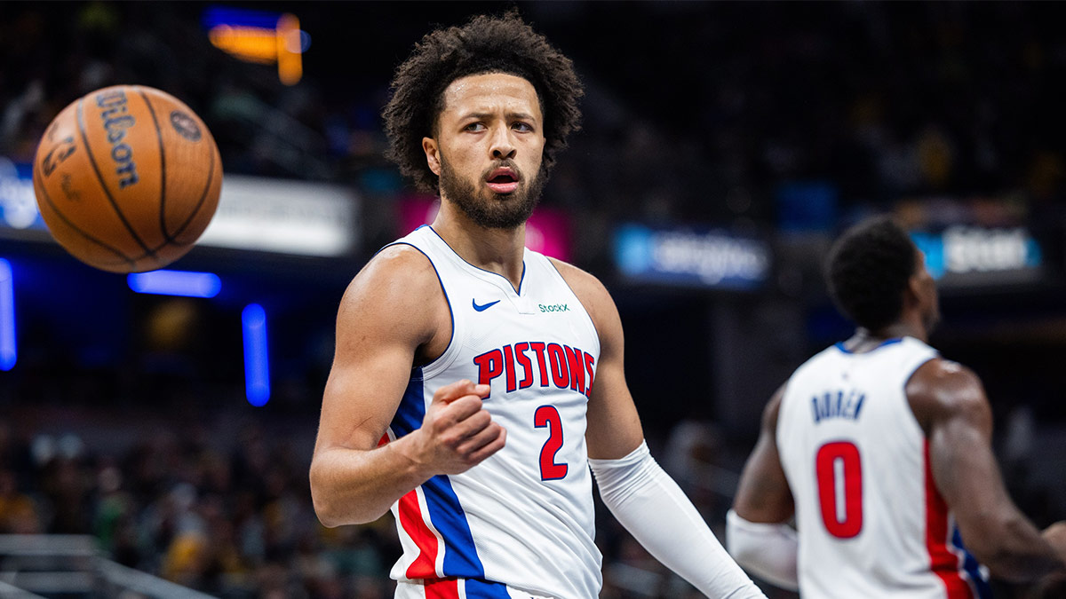 Detroit Pistons guard Cade Cunningham (2) celebrates a made shot in the second half against the Indiana Pacers at Gainbridge Fieldhouse.