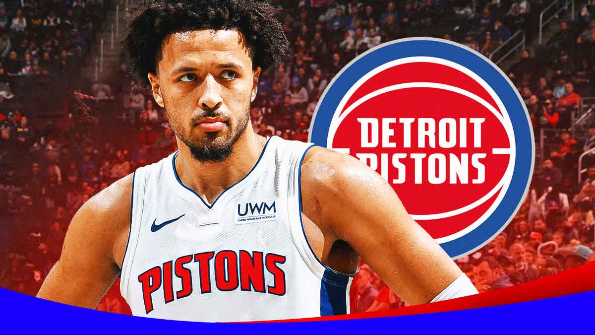 Cade Cunningham next to a Pistons logo