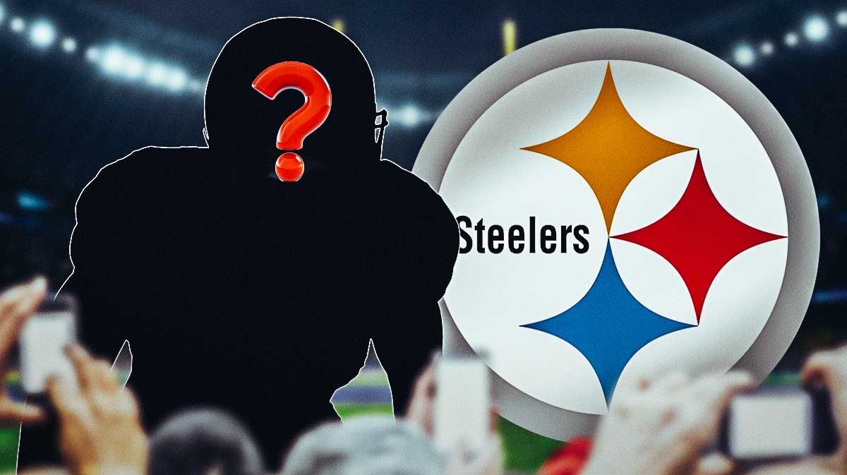 A silhouette of an American football player with a question mark emoji inside. There is also a logo for the Pittsburgh Steelers.
