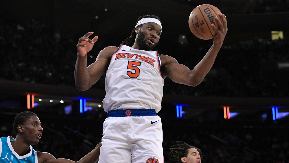 New York Knicks forward Precious Achiuwa (5) grabs a rebound against the Charlotte Hornets during the second half at Madison Square Garden.