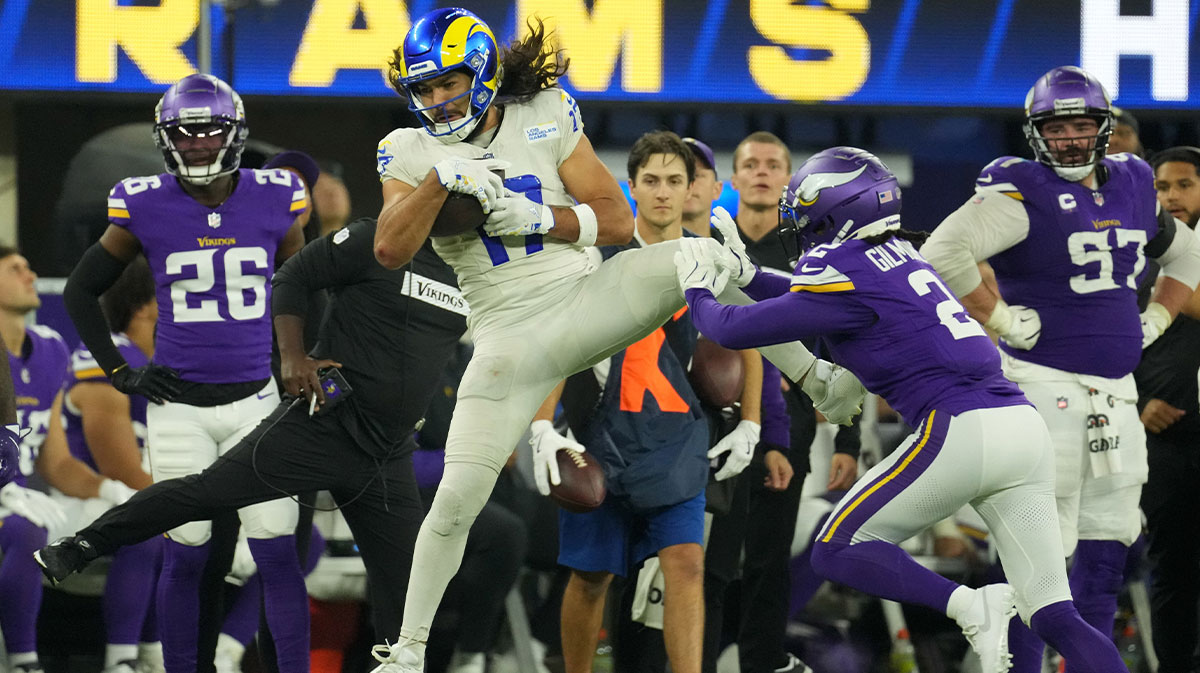  Los Angeles Rams wide receiver Puka Nacua (17) catches a pass against Minnesota Vikings cornerback Stephon Gilmore (2) in the second half at SoFi Stadium