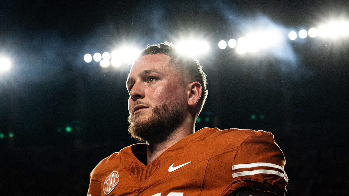 Texas football quarterback Quinn Ewers (3) looks over at the student section after the Longhorns' game against the Kentucky Wildcats at Darrell K Royal Texas Memorial Stadium in Austin.