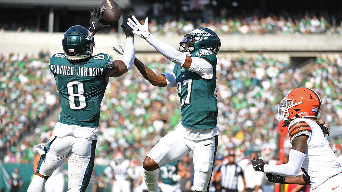 Philadelphia Eagles safety C.J. Gardner-Johnson (8) and cornerback Quinyon Mitchell (27) break up pass in the end zone for Cleveland Browns wide receiver Jerry Jeudy (3) during the second quarter at Lincoln Financial Field. 