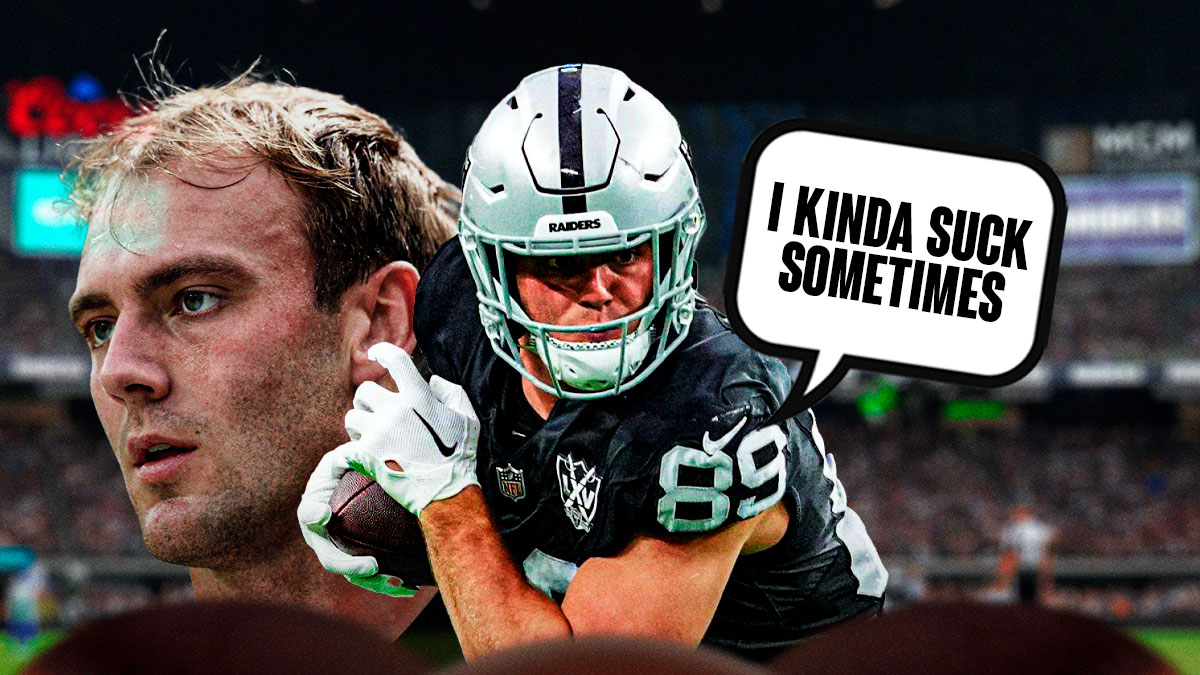 Photo: Brock Bowers in action in Raiders jersey saying "I kinda suck sometimes"