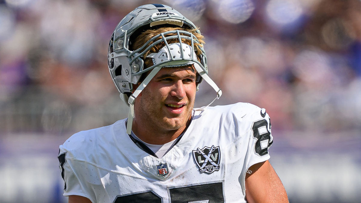 Las Vegas Raiders tight end Michael Mayer (87) looks on during the first half of the game against the Baltimore Ravens at M&T Bank Stadium