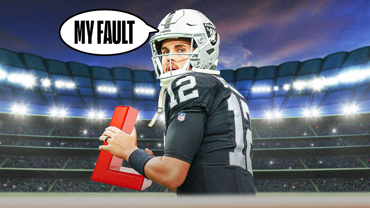 Las Vegas Raiders QB Aidan O'Connell hold big "L" in hand. Speech bubble above his head that says, "My fault"