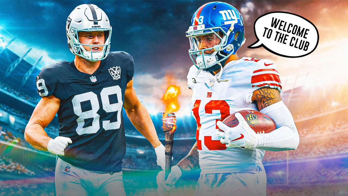 Odell Beckham Jr. in New York Giants uniform passing lit torch to Raiders TE Brock Bowers. Beckham Jr has a speech bubble that says "Welcome to the club" in it.