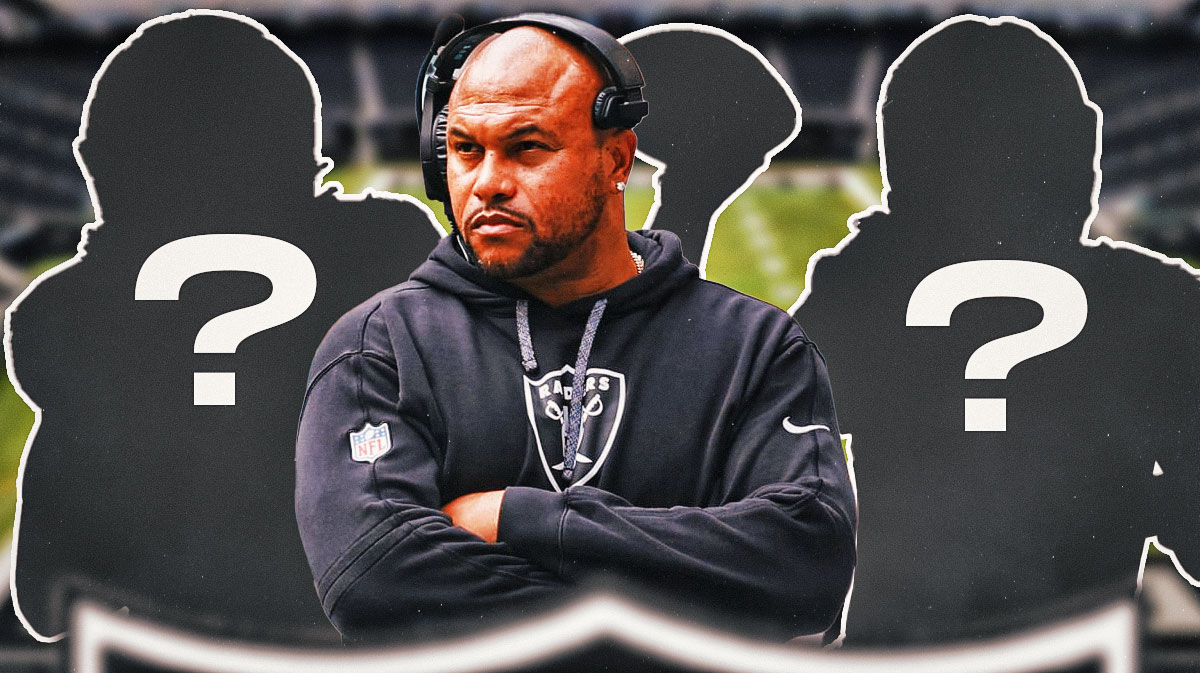 Raiders' Antonio Pierce next to two blacked out NFL player silhouettes with question marks on their chests