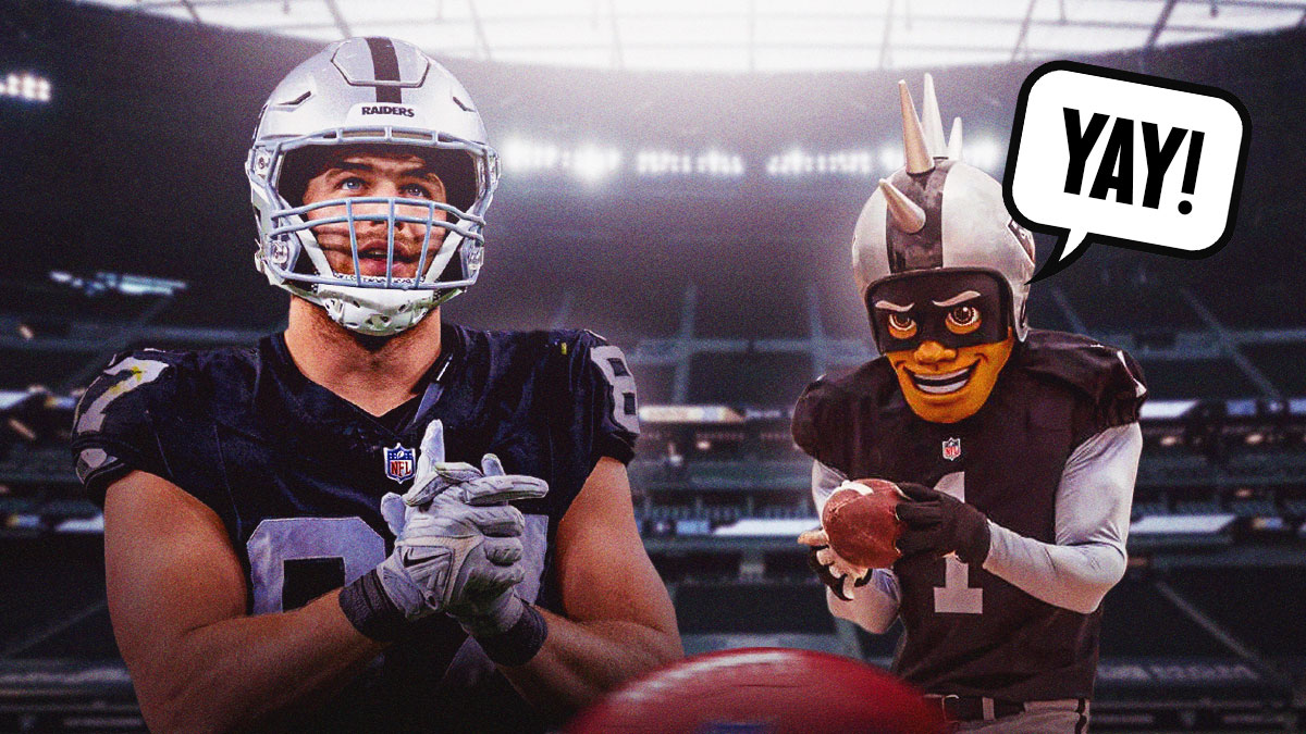 Michael Mayer next to the Raiders mascot with a text bubble reading "Yay!" in front of the Raiders stadium