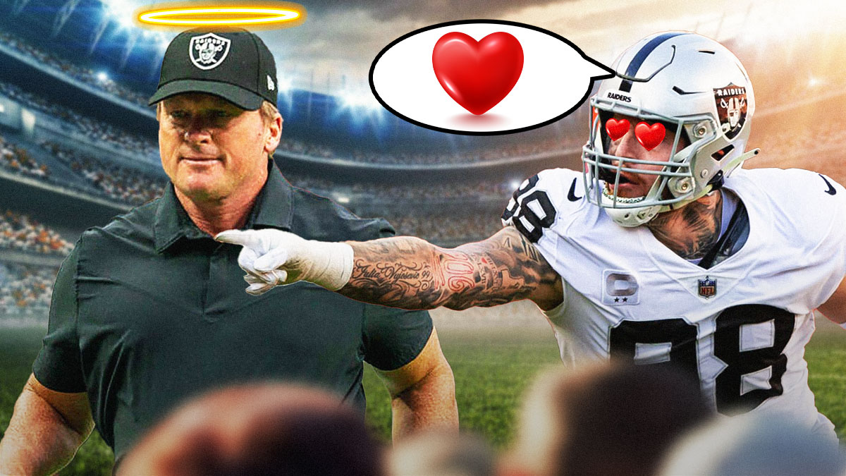 Las Vegas Raiders' Maxx Crosby with heart eyes pointing to Jon Gruden with an angellic halo over his head. Above Crosby's head, there's a speech bubble with a heart inside of it.