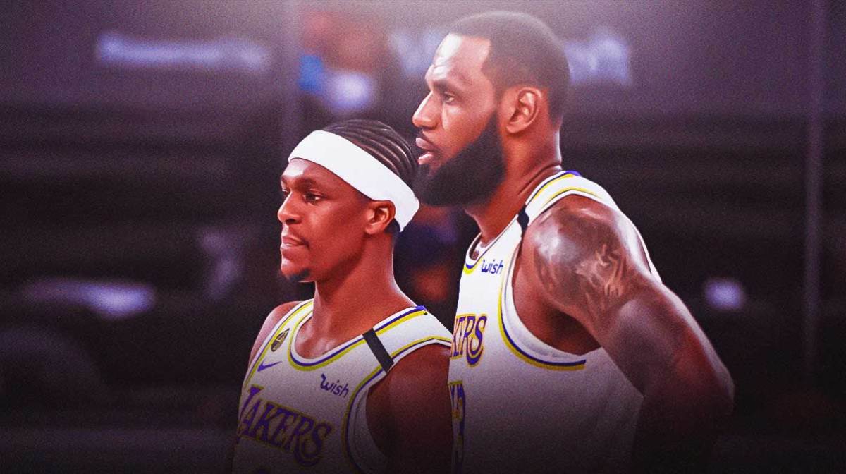 Rajon Rondo beside LeBron James both wearing Lakers gear.