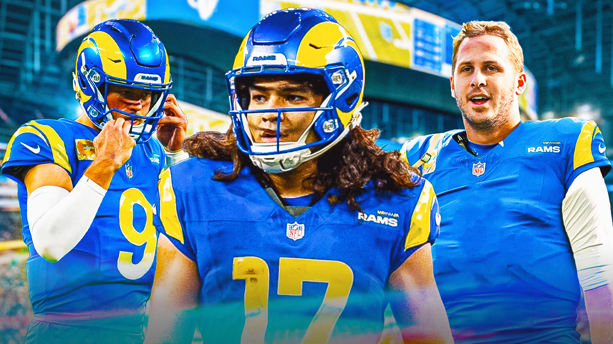 Puka Nacua in the middle, Matthew Stafford on the left, Jared Goff (Rams) on the right